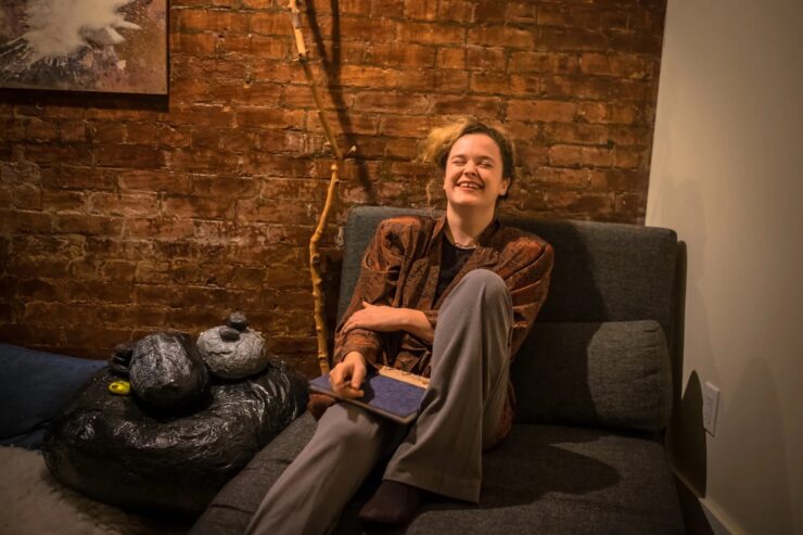 A photo of a woman laughing